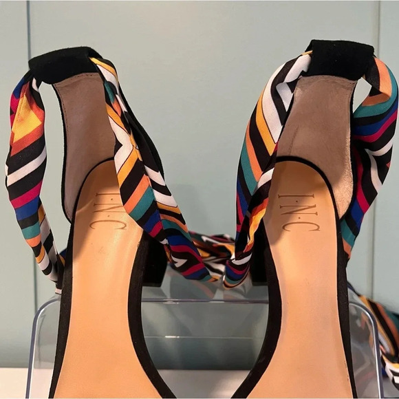 INC Faux Velvet ‘Kanata’ Single Strap Striped Ribbon Ankle Tie 3” Heels. Size 9. - Picture 10 of 13